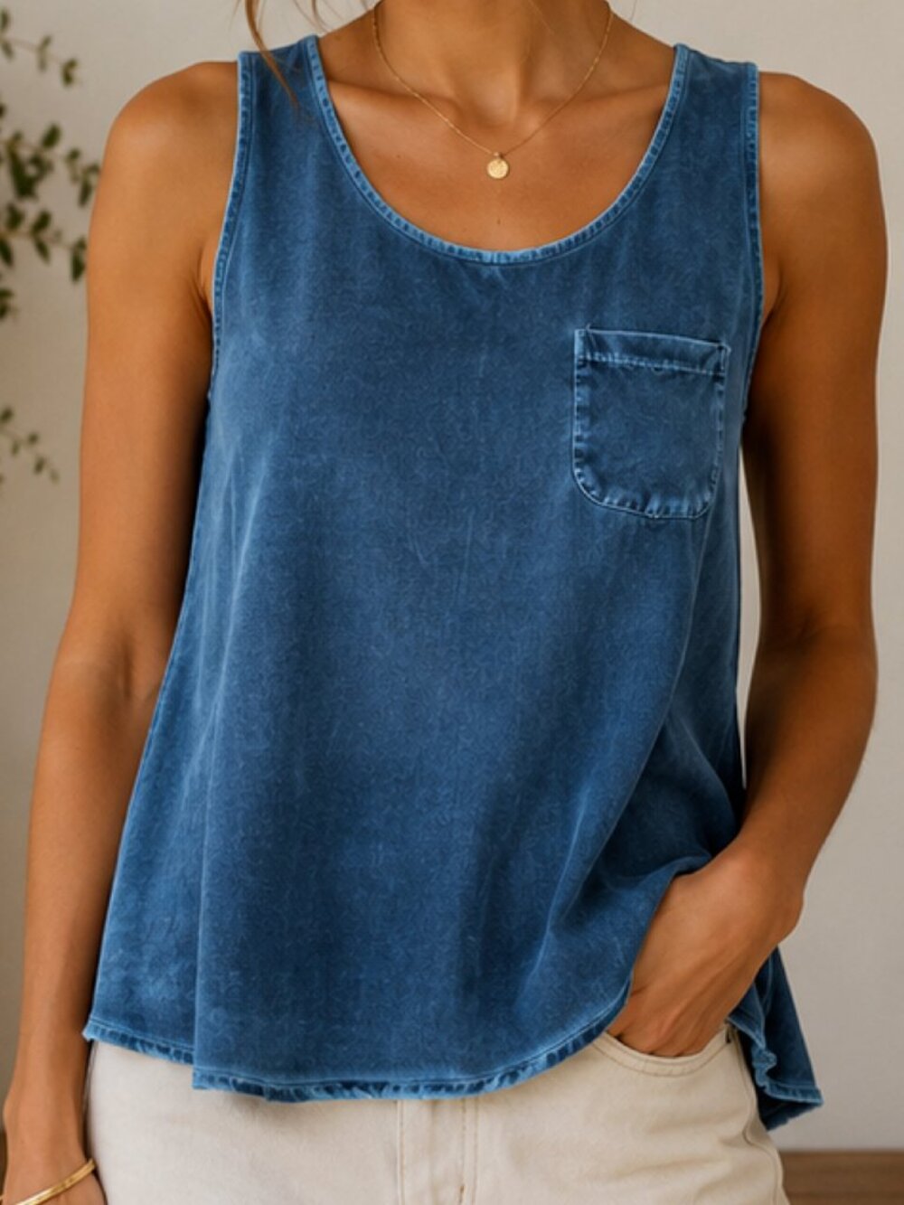 Anthropologie Ecru Tank Top Distressed Faded Denim Style Cinched Back Peplum